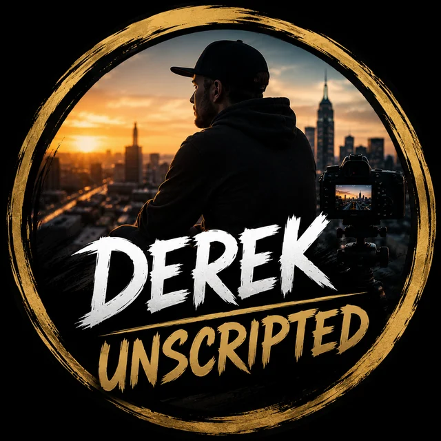 Derek Unscripted channel artwork showing Derek overlooking a city at sunset